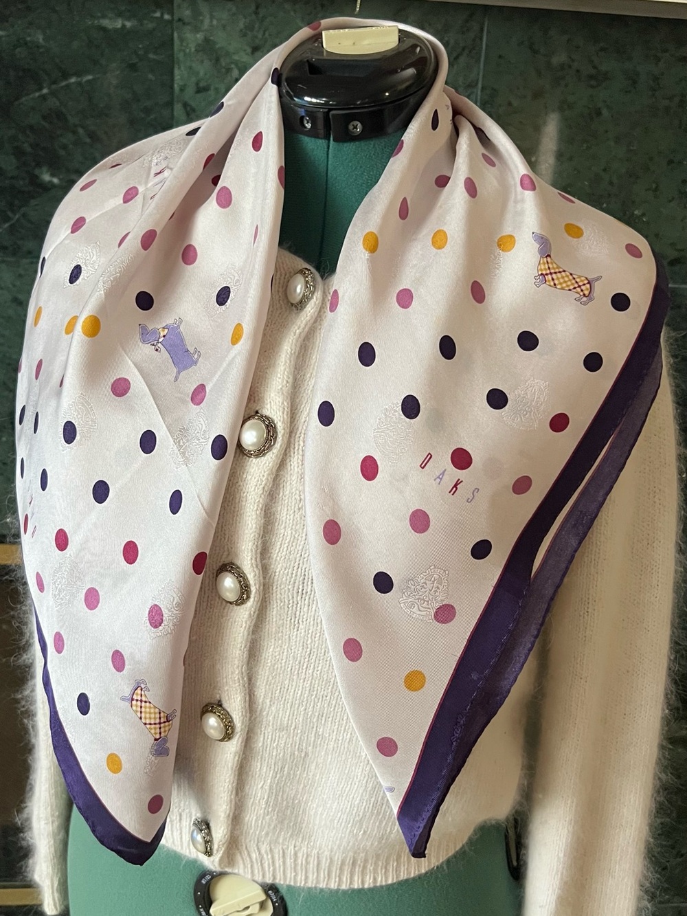Vintage DAKS London Silk Scarf Dachshund Dog Polka Dot 30” Square